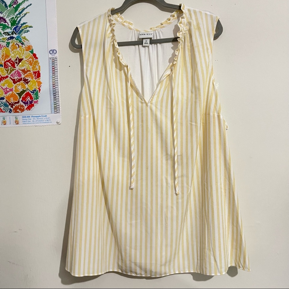 Ava & Viv Yellow and White Striped Sleeveless Tie-Neck Blouse Size 3X